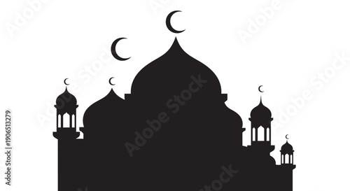 Mosque Silhouette with Crescent Moons on White Background