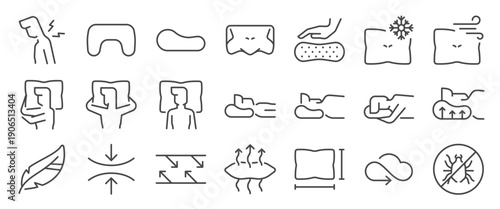 Ergonomic Pillow icon set. It included sleep, quality, orthopedic pillow, memory foam, sleeping, and more icons. Editable Vector Stroke.