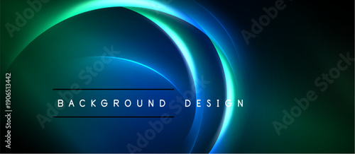 Abstract dark background features flowing blue, green light curves. Text reads background design centered below luminous shapes. Modern, elegant visual.