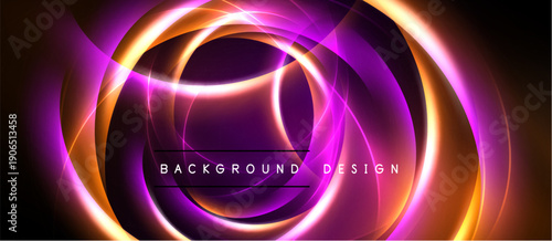 Abstract design features vibrant concentric circles. Orange, purple hues create dynamic, glowing effect. Dark background emphasizes luminosity.