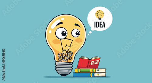 Cartoon Light Bulb with Thoughtful Expression.