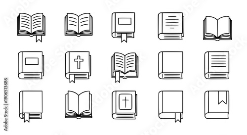 Outline Bible icon set black vector line art religious book