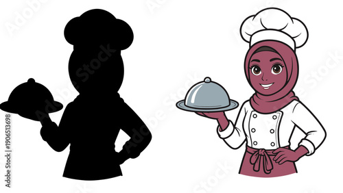 A cartoon Muslim female chef presenting food with a serving dish