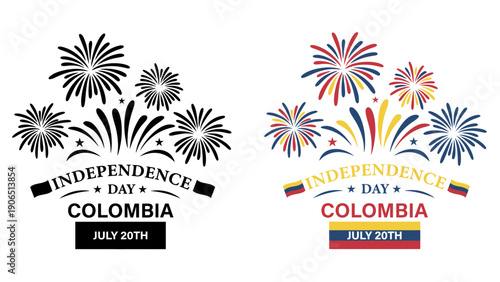 Independence Day Colombia celebration logo with fireworks on white background