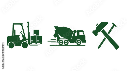 Construction icons including forklift, cement mixer, hammer and screwdriver on white background