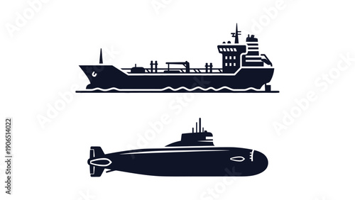 A black silhouette of a submarine and a ship on the water