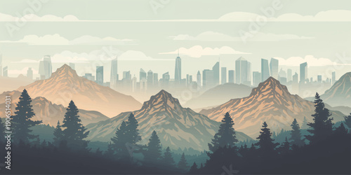 A panoramic morning view of a misty mountain landscape where the sunrise glows over a foggy valley and forest trees under a cloudy sky