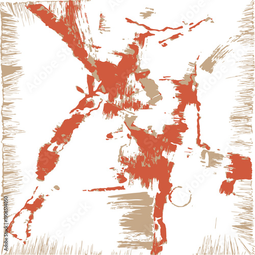 Energetic abstract art featuring bold red paint splatters and rough beige scratches. This distressed grunge texture is perfect for urban posters, album covers, or artistic creative backgrounds.