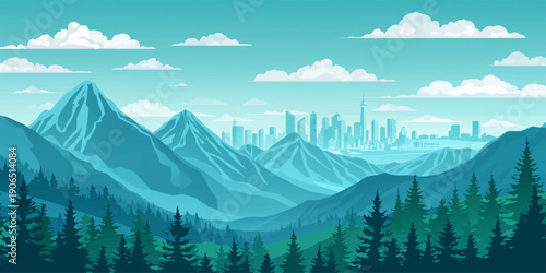 A breathtaking mountain landscape features snowy peaks of the Rocky Mountains rising above a lush green forest valley under a dramatic sky filled with summer clouds during a nature travel adventure