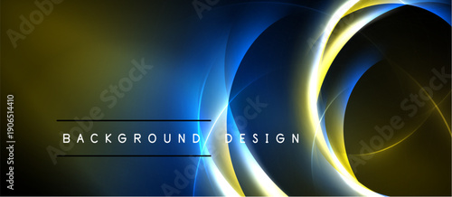 Abstract design features glowing lines, circles, gradients. Dark background contrasts bright yellow, blue elements. Modern aesthetic.