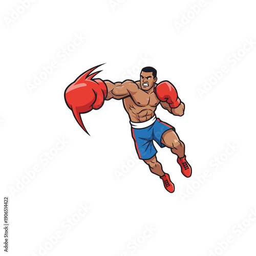 Dynamic Muscular Boxer Delivering Powerful Punch Vector Mascot Illustration