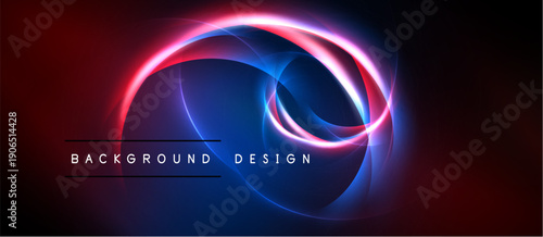 Abstract design features vibrant blue, red, pink glowing lines. Dark background creates dramatic visual effect. Modern, dynamic composition.
