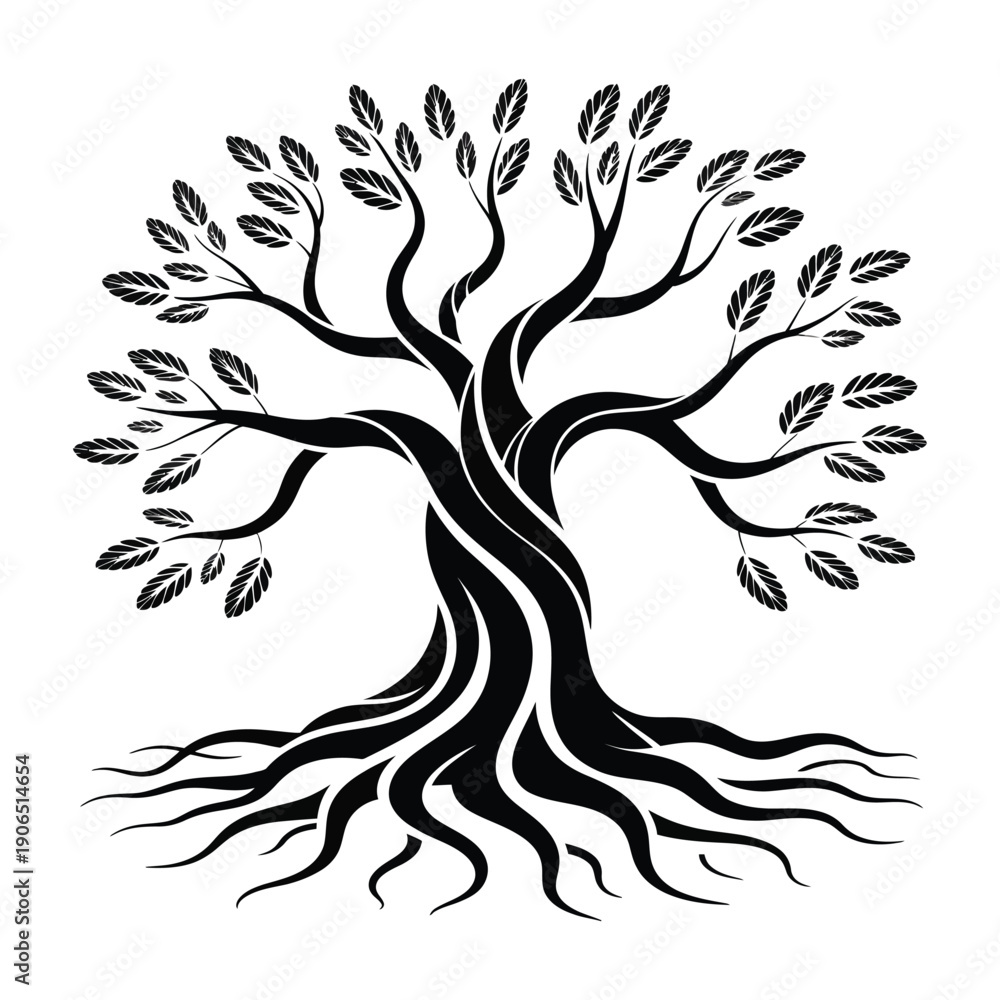 Obraz premium Powerful black silhouette of a tree with sprawling roots and many detailed leaves on white background