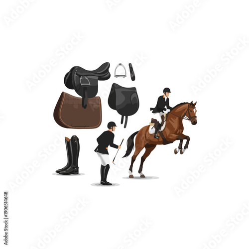 Realistic Equestrian Show Jumping Equipment and Rider Vector Isolated Set