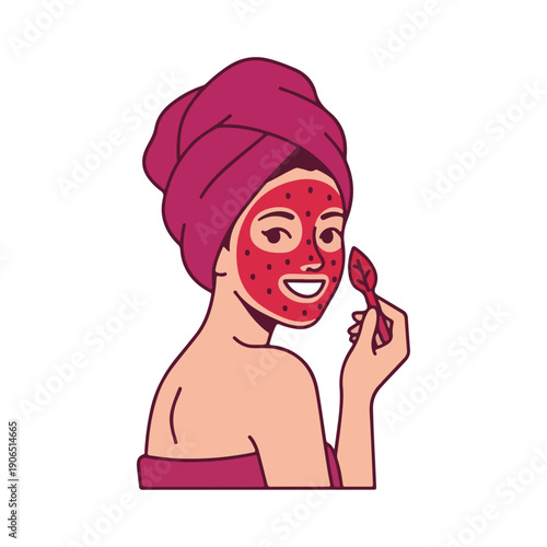 Happy Woman with Facial Mask and Towel Applying Beauty Product