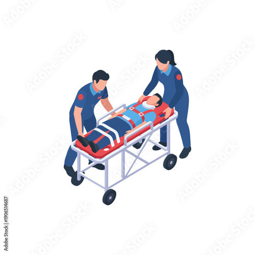 Emergency Paramedics Transporting Injured Patient on Stretcher Isometric Illustration