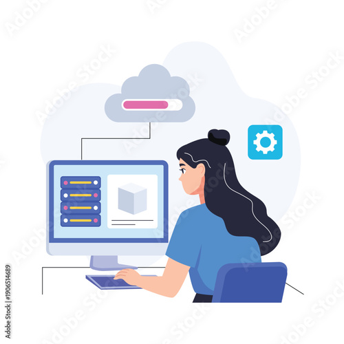 A modern flat illustration of cloud computing and server management