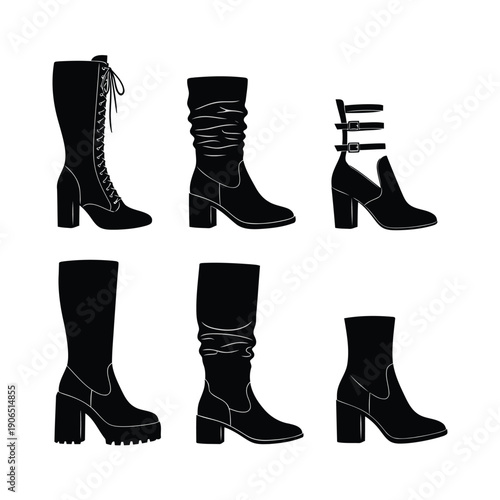 Six Stylish High Heel Boot Designs Isolated on Transparent Background