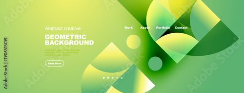 Abstract geometric background. Green, yellow hues blend. Modern design elements create dynamic visual appeal. Text overlays present information.