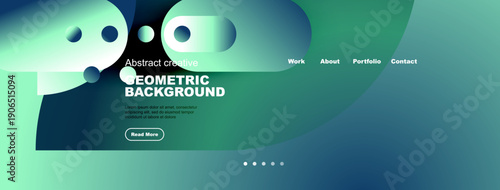 Abstract website header design. Geometric shapes, teal gradients, text elements present. Navigation menu visible, button included.
