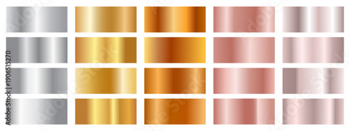 Set of rectangular swatches featuring realistic metallic gradients, including silver, yellow gold, copper, and rose gold finishes with various highlights and shadows