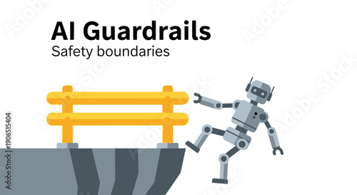 AI Guardrails Concept: Robot Falling Off Cliff Stopped by Safety Boundary. Artificial Intelligence Regulation, Ethical Boundaries, and Risk Mitigation Protocols.
