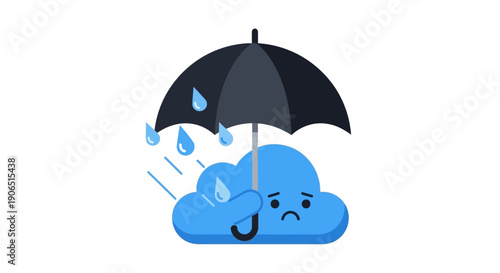 Sad blue cloud character holding an umbrella during rainfall, symbolizing depression, mental health struggle, or protection from adversity and bad weather concept vector illustration.