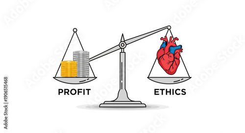 Conceptual Illustration of Business Ethics: Balance Scale Showing Heart (Ethics) Weighing More Than Stacked Coins (Profit) on a White Background