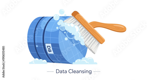 Data Cleansing Concept Illustration. Scrub Brush Cleaning a Database Icon for Data Quality Management, Validation, and Maintenance in IT Infrastructure.