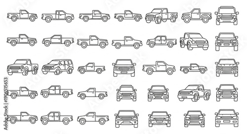 Collection of Pickup Truck Silhouettes and Line Drawings.