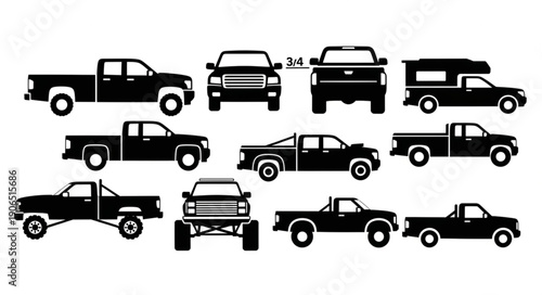 Collection of Pickup Truck Silhouettes in Various Views.