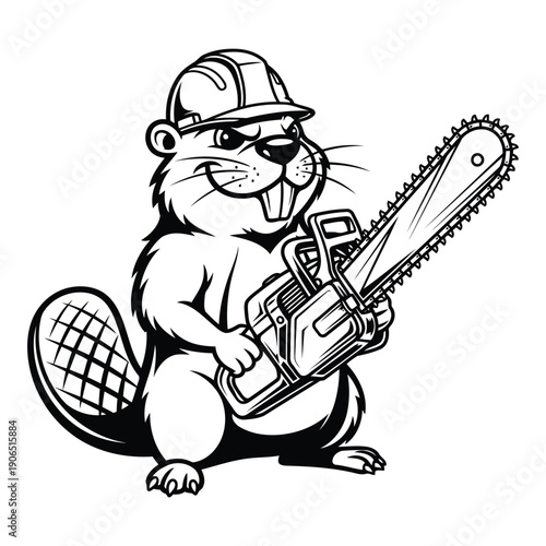 A cartoon beaver wearing a cap and holding a chainsaw, standing confidently in a simple illustration