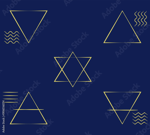 Magical symbols of the elements, triangles against a starry sky. Vector illustration. Symbols of the main elements are highlighted on a blue background. Astrological signs, esotericism.