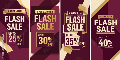 A series of promotional banners showcasing flash sale discounts on products with varying percentage offers in a maroon background.