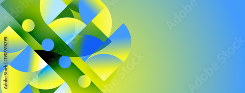 Abstract composition features vibrant circles, overlapping shapes. Green, yellow, blue hues create dynamic visual effect. Modern design.