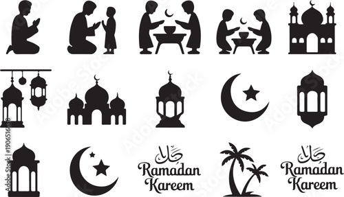 Islamic Ramadan Icons Silhouette Collection With Mosques Lanterns Moon Crescent And People Praying silhouettes