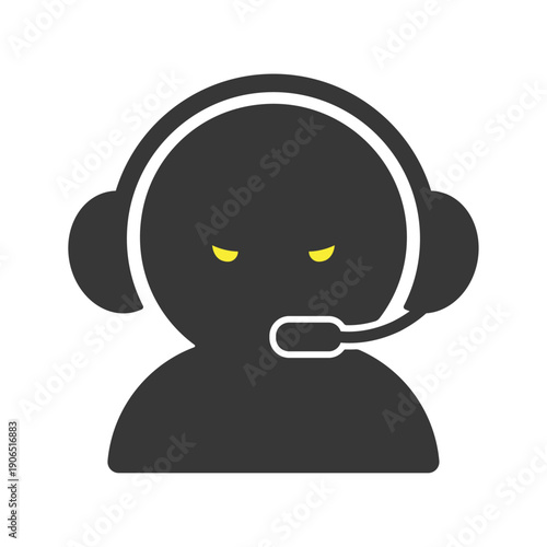 ヘッドセットを着け怖い顔で睨む人物のシルエットアイコン - サイバー犯罪や正体不明の犯人のイラスト
