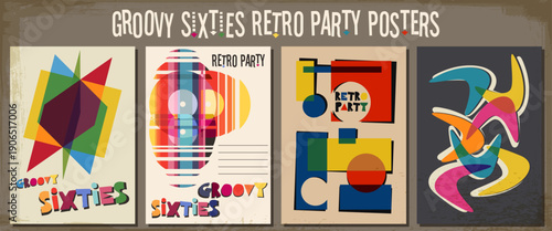 Groovy Sixties Retro Party Music Posters. 1960s Vintage Placards Style Illustration Set. 60s Colors, Aged Texture, 60s Graphic Designs
