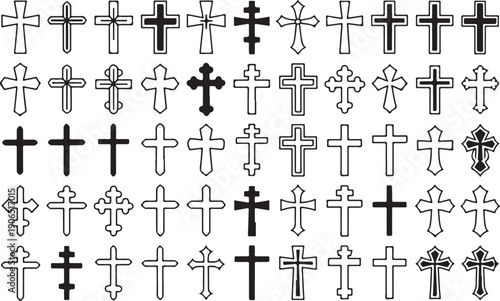 Diverse Collection Of Christian Cross Icons In Black And White Outline And Solid Fill Styles Keywords: Christian Cross, Icon, Collection, Diverse, Variety, Religious Symbol, Christianity, Faith