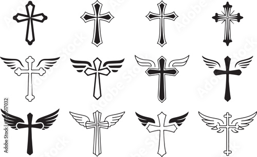 Collection of Christian Cross Symbols with Wings and Ornate Designs christianity religion