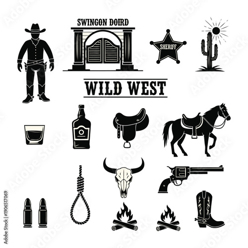 A collection of Wild West icons including cowboy, saloon, cactus, sheriff star, and various western-themed symbols and accessories