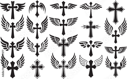 Angelic Winged Cross Designs In Black Silhouette For Religious And Spiritual Themes Keywords: Winged Cross, Angelic, Religious Symbol, Christianity, Faith, Spirituality, Jesus Christ, Crucifix