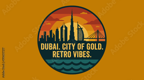 Dubai City of Gold Retro Vibes Vintage Sunset Skyline Illustration with Water Element