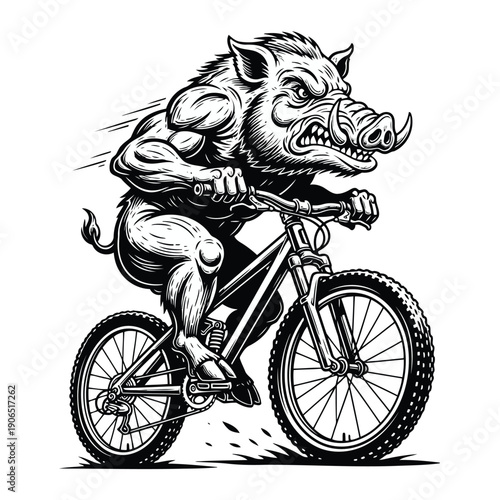 A muscular boar riding a bicycle swiftly and dynamically from a side viewpoint