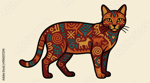 Ornamental Cat with Intricate Geometric Patterns and Tribal Designs, Vector Illustration