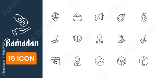 ramadan icon set, islamic holy month symbols, eid mubarak and mosque vector icons, modern muslim festival UI icons