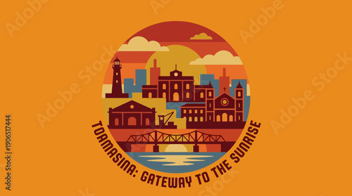 Flat design graphic illustration of a coastal city skyline at sunrise, a gateway concept with harbor and bridge