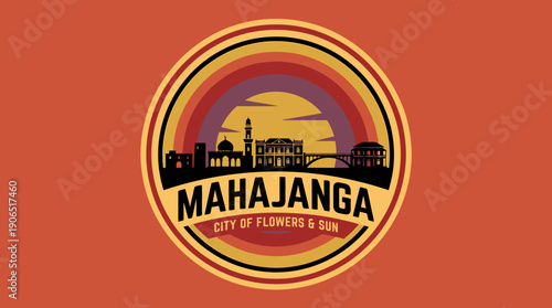 Retro Emblem of Mahajanga City Featuring a Stylized Sunset, Silhouette of Buildings, and Text 'City of Flowers & Sun' on an Orange Background