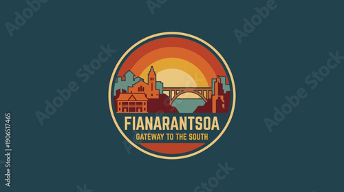 Fianarantsoa Gateway to the South A Vintage Emblem of a Historic Cityscape with a Bridge, Buildings, and Sunset
