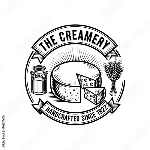 Vintage Creamery Logo with Cheese Milk and Wheat Handcrafted Since 1922.